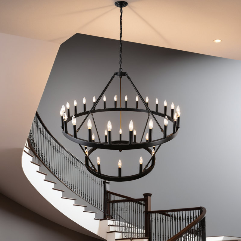 Lustre en roue de chariot à 36 lumières pour salon et salle à manger à plafond haut