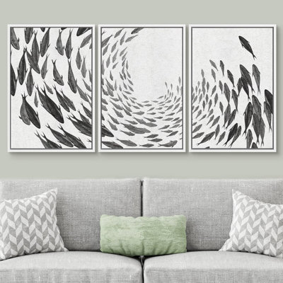 "Nautical Animals" Gray Swirling Fishes Marine Nautical Animal, images neutres, impression sur toile 3 pièces