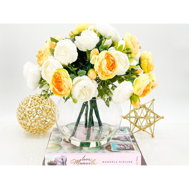 Centre de table artificiel avec pivoines roses, Jaune