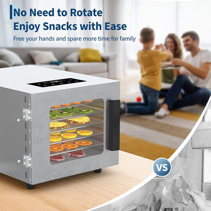 Déshydrateur d'aliments en acier inoxydable à 6 niveaux, sécheuse professionnelle 620W avec contrôle tactile à DEL, minuterie 30-70 ° C et 24H pour les herbes séchées