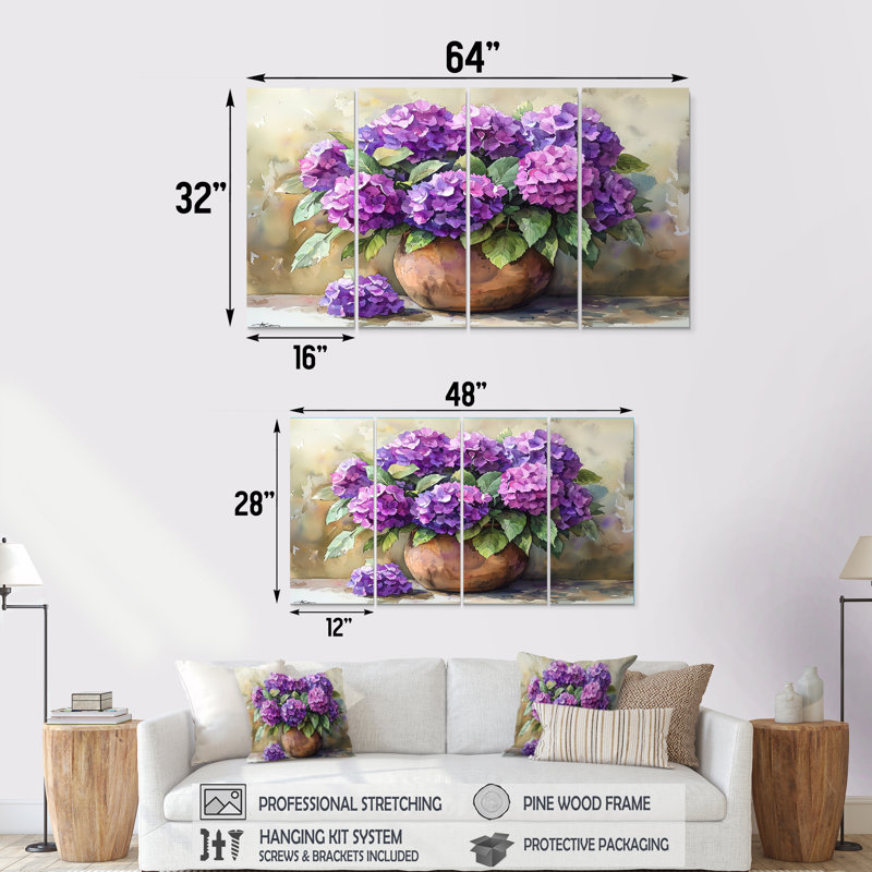 Hortensias dans un vase rustique - Art mural hortensia - Art mural traditionnel pour le salon, 4, H 28 po x l 48 po