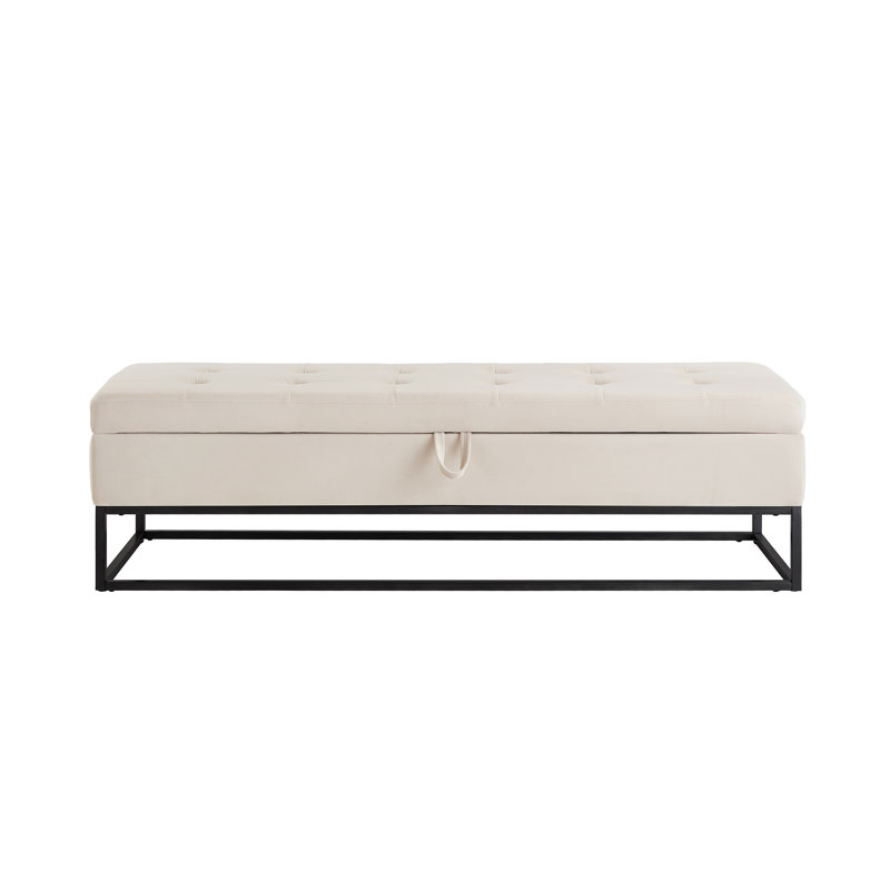 58.6" Beige Velvet Living Room Footrest Bench With Storage - Multifunctional Furniture Metal Base Versatile Storage, For Strength