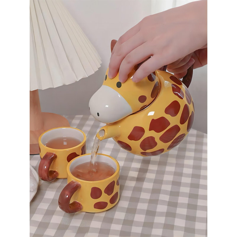 Ensemble de théière girafe avec 2 tasses à thé, ensemble de théière en céramique peinte à la main pour café, café au lait, fleur de lait et thé aux fruits (17 oz / 500 ml)