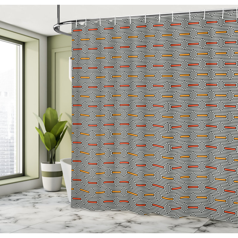 Dakota Fields Geometric Shower Curtain Rectangular Blocks Orange Black and White, 70"H x 69"W