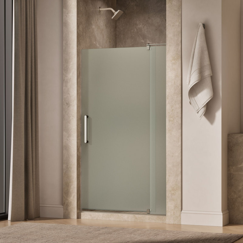 Revel 35.8'' x 70'' Pivot Shower Door with CleanCoat® Technology, Anodized Brushed Nickel, Frosted