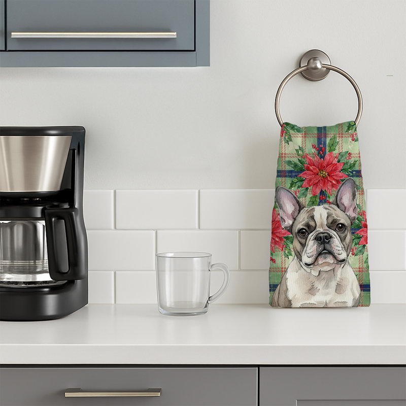 Pied French Bulldog Christmas PoinsettIas Kitchen Towel, White Pied French Bulldog