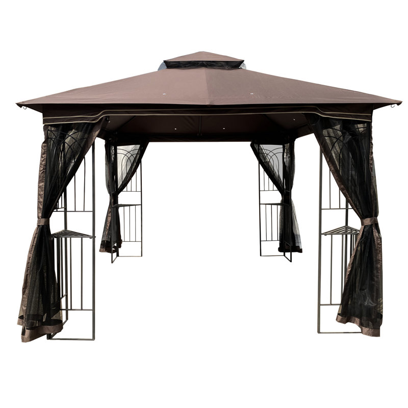 10X10 Patio Gazebo Canopy, With Water- Fabric And Insect Net, For Lawn, Deck, Brown Tent Double Ventilated Roof Mesh Screen, Garden, Backyard, Rustproof