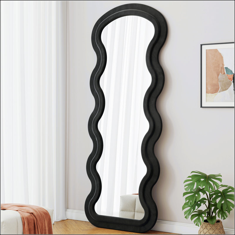 Miroir pleine grandeur ondulé en flanelle avec support pour chambre à coucher et salon, Noir