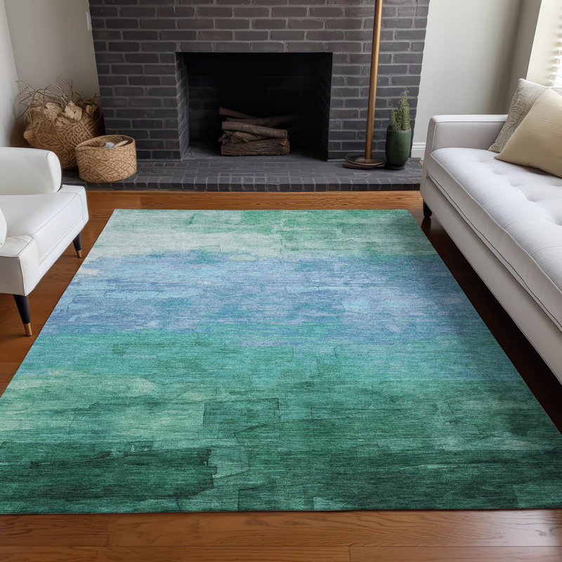 Large Teal and Green Synthetic Washable Striped Rug
