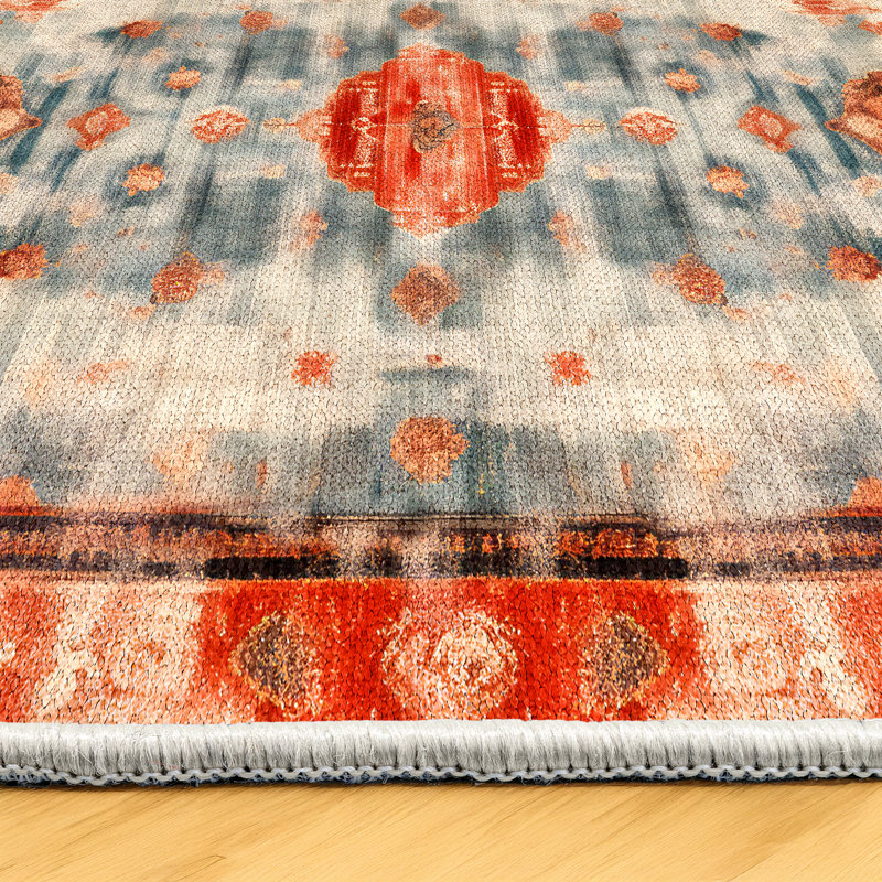 Tapis en coton et polyester à imprimé numérique Larissa Collection - rouge rouille, Rond 3 pi 4 po