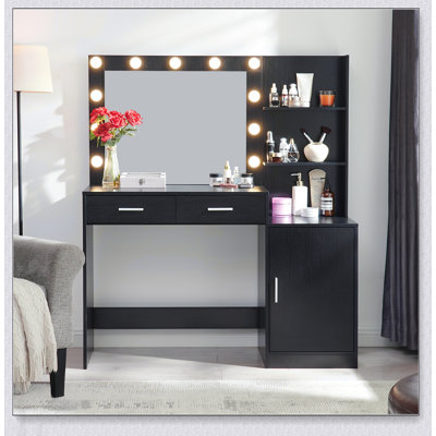 Stylish Vanity Desk with Mirror and Lights, 46.4IN Dressing Table with 2 Large Drawers and Vertical Organizer, 3 Lighting Modes, Perfect for Modern Bedrooms