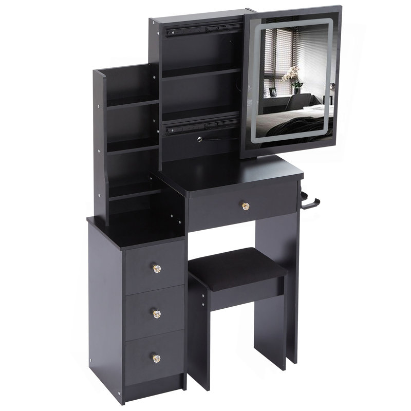 Petite coiffeuse 29,2 po avec tabouret de chevet gauche + tabouret rembourré, 2 blocs d'alimentation CA + 2 ports USB, support pour sèche-cheveux, très grand miroir à DEL coulissant à contrôle tactile, changement de couleur tricolore, réglage de la luminosité