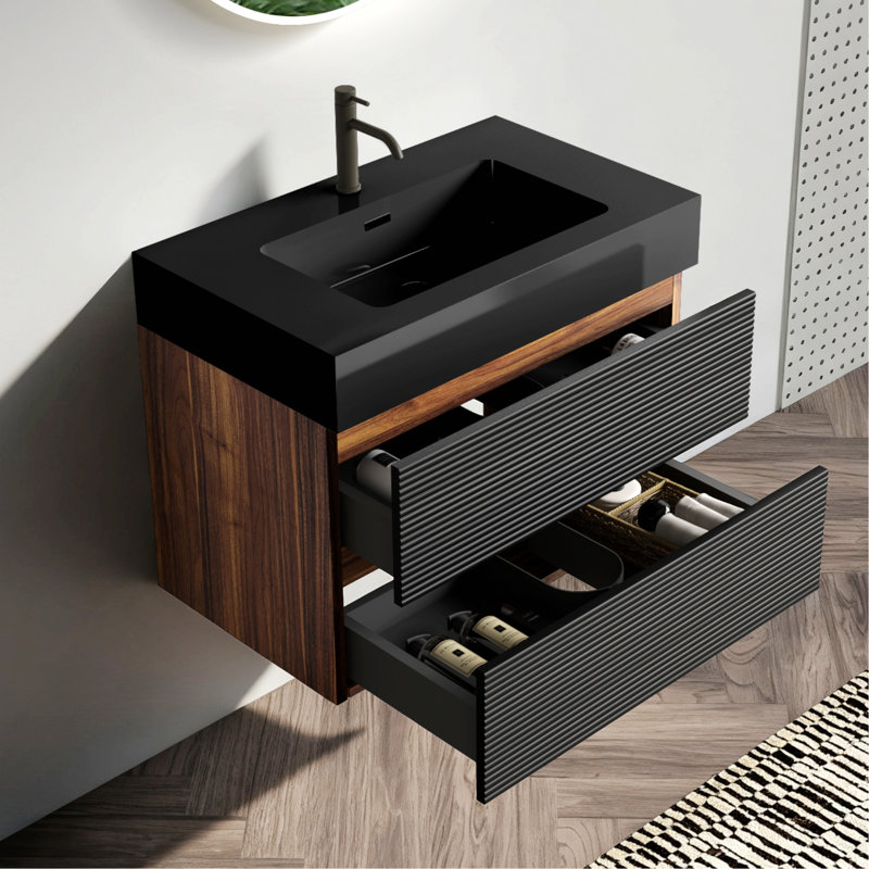 Meuble-lavabo pour salle de bain avec lavabo et tiroirs, meuble-lavabo mural flottant pour salle de bain, Black+Brown