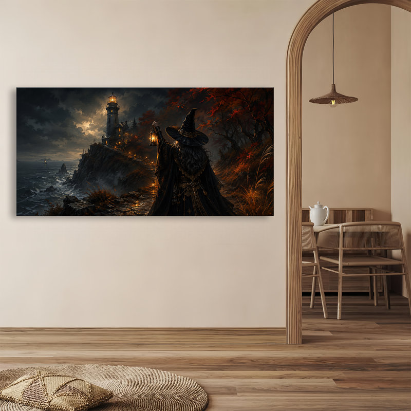 Tableau sur toile représentant une sorcière d'Halloween, une ville illuminée et magique, imprimée sur toile. Grande œuvre d'art gothique et effrayante pour la décoration du salon, de la chambre et de la maison. Cadeau idéal pour les amis, la famille, un anniversaire ou Noël.