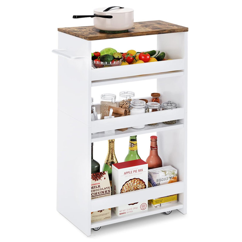 4 Tier White Slim Storage Cart with Handle, 7.9''W Slide Out Storage Rolling Utility Cart, 31.5" H x 15.7" W x 7.9" D