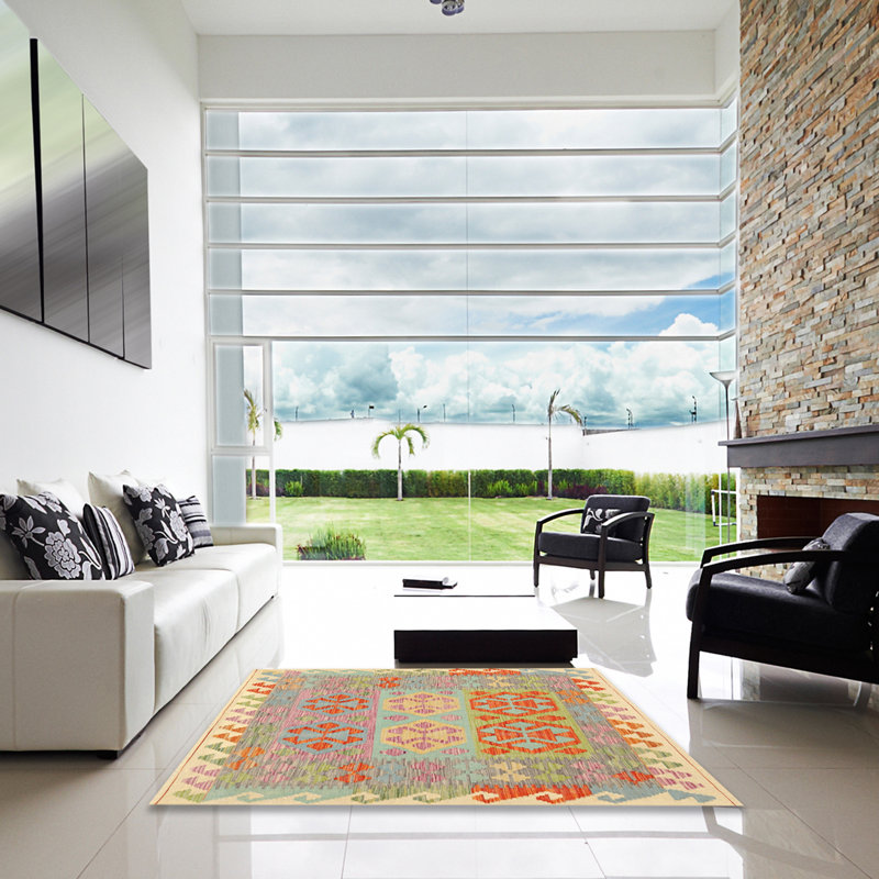 Tapis contemporain orange / vert mer, Carré 6 pi x 6 pi