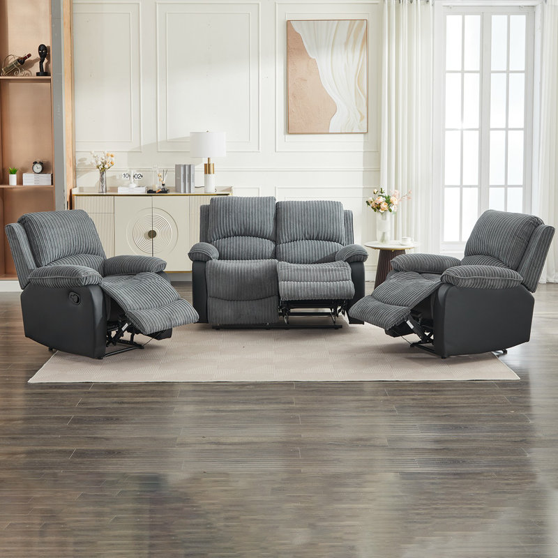 Reclining Sofa Sectional Recliner Plush Corduroy Couches Set Sofa, Manual - Push Button