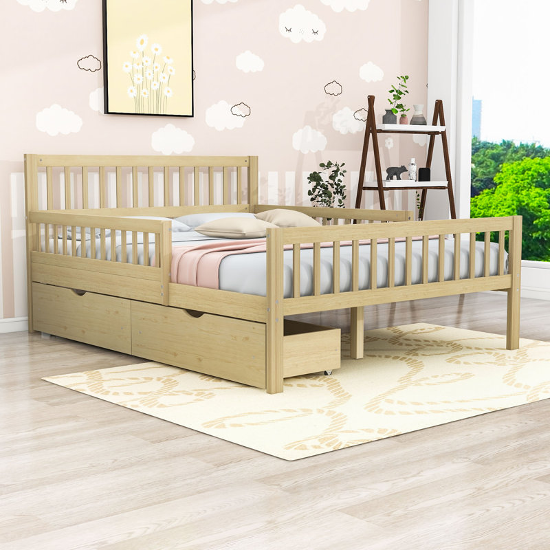 Lit plateforme en bois 2 tiroirs avec tête et pied de lit, Lit double