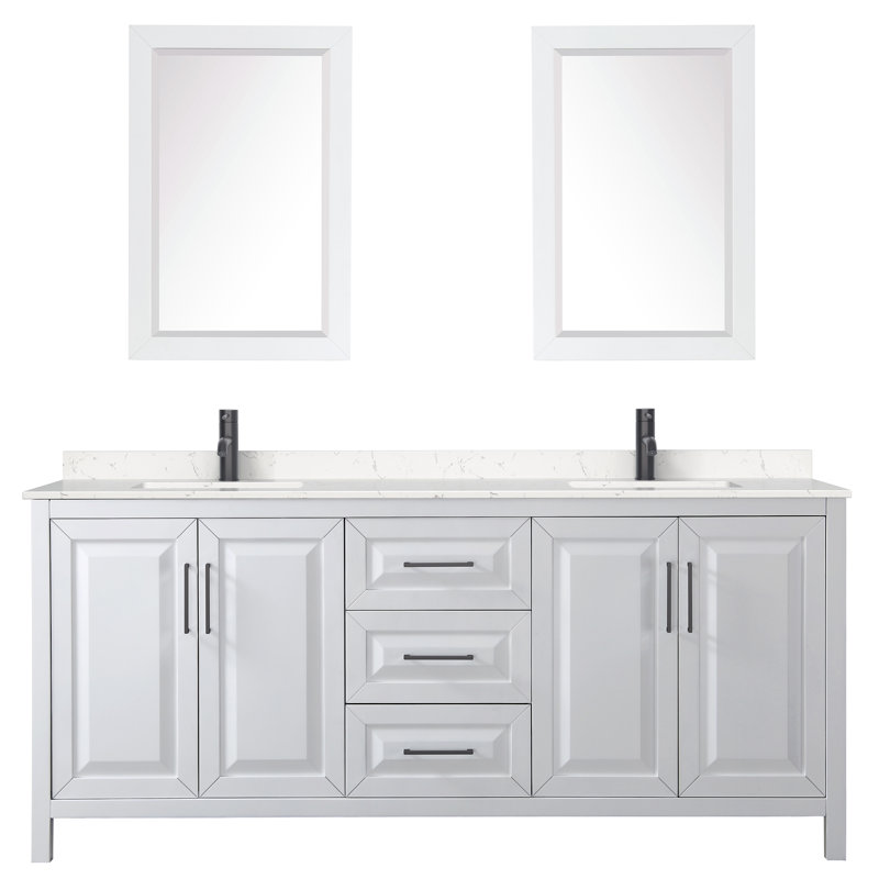 Ensemble de meuble-lavabo double 80 "avec miroir Daria, Blanc, Marbre de culture de Carrare, Noir mat