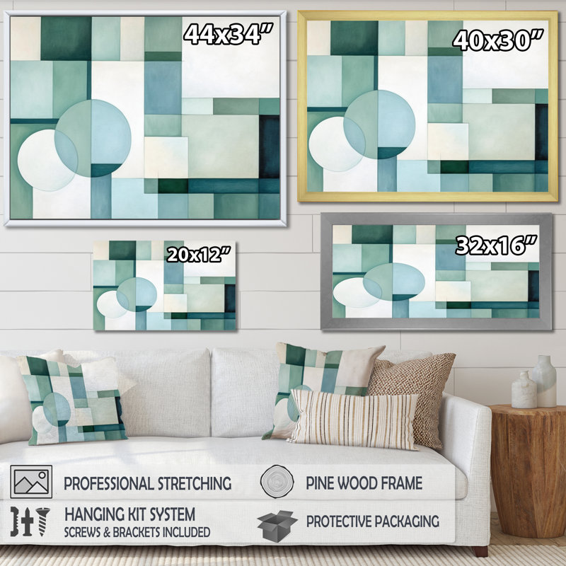 Green Blue Abstract Geometric Fusion I Framed On Canvas Print, 12" H x 20" W x 1" D, Black Floater Framed