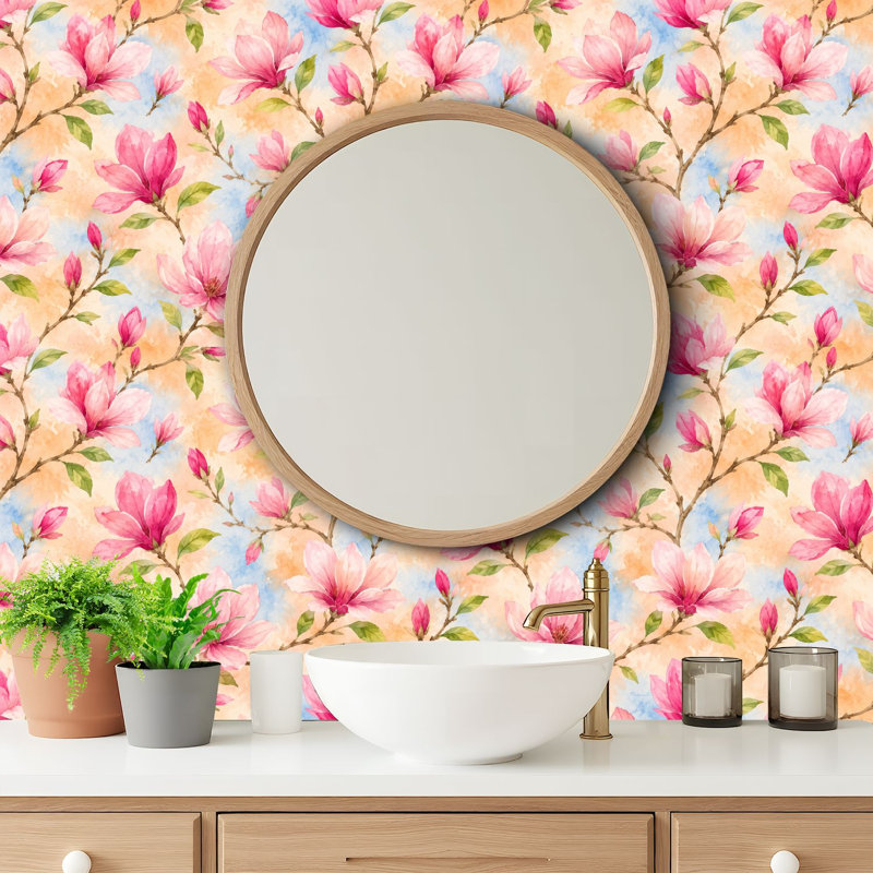 Papier auto-adhésif à peler et coller avec fleurs de magnolia roses auto-adhésives et amovibles 24 po x 118 po (60 x 300 cm)