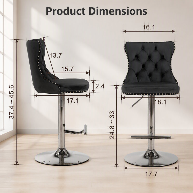 Tabourets de bar pivotants en velours à hauteur de siège réglable de 25 à 33 pouces, tabourets de bar à base chromée avec dossier capitonné confortable pour un pub à domicile et un îlot de cuisine, ensemble de 2, AS1712BL, bleu