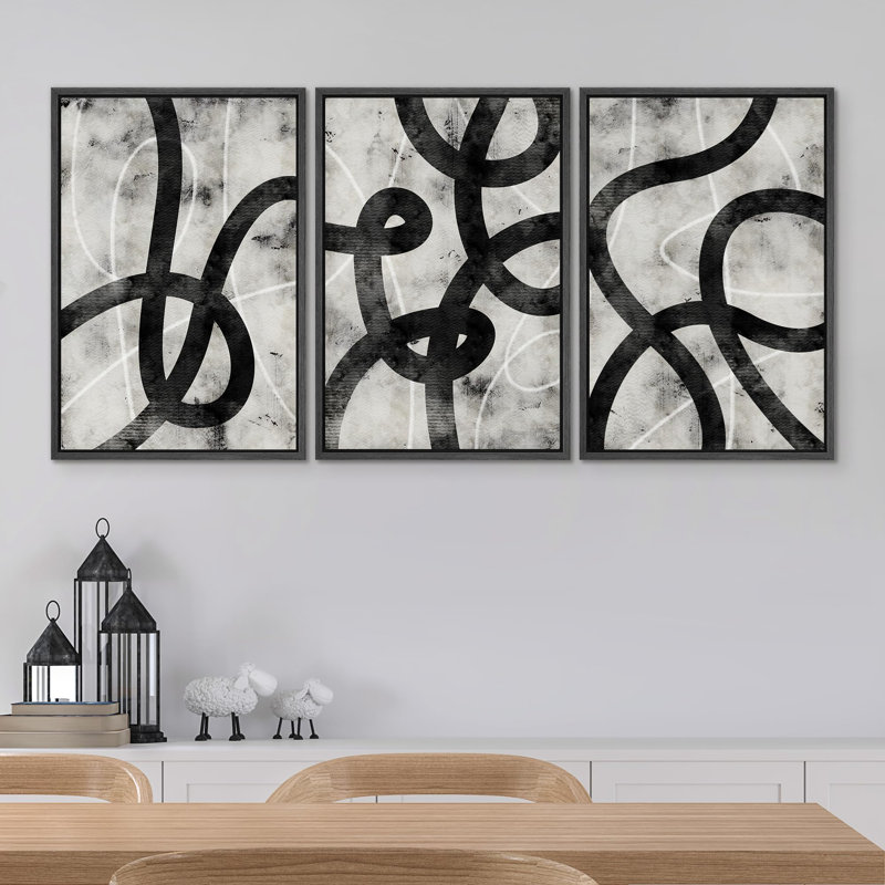 «Abstract Black Line Minimalist Ink Brushstroke», 3 pièces, Noir, H 24 po x l 16 po