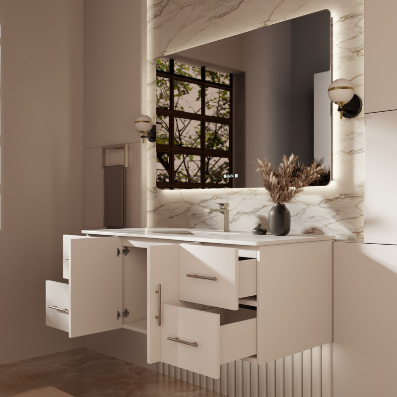 Geneva 48" Wall-Mounted Single Bathroom Vanity Set, Glossy White, White Cultured Marble