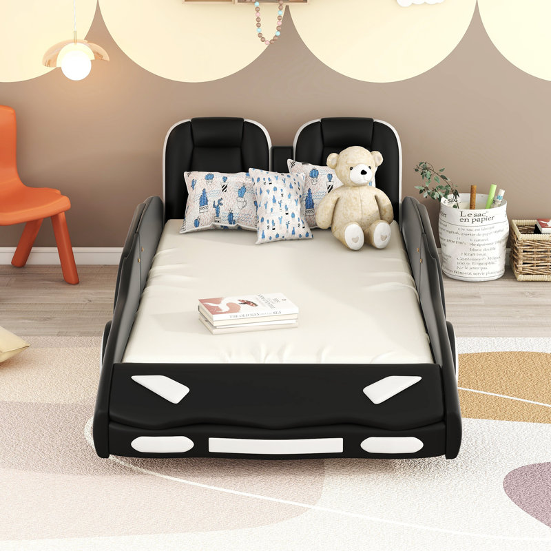 Agnius Modern Twin Size Race Car-Shaped Platform Bed with Wheels, Black