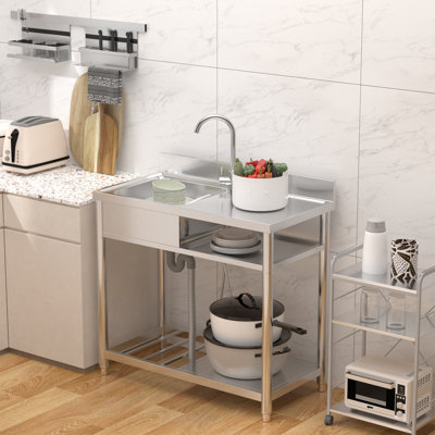 Station de lavabo autoportante en acier inoxydable | Évier de cuisine multifonctionnel de 39,4 pouces de largeur | Évier utilitaire argenté à hauteur réglable avec robinet et tuyaux de drainage
