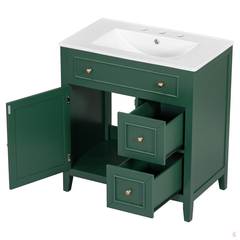 Meuble-lavabo 30 po avec comptoir, meuble-lavabo avec porte et deux tiroirs, structure en bois massif, un paquet, Vert, Doré