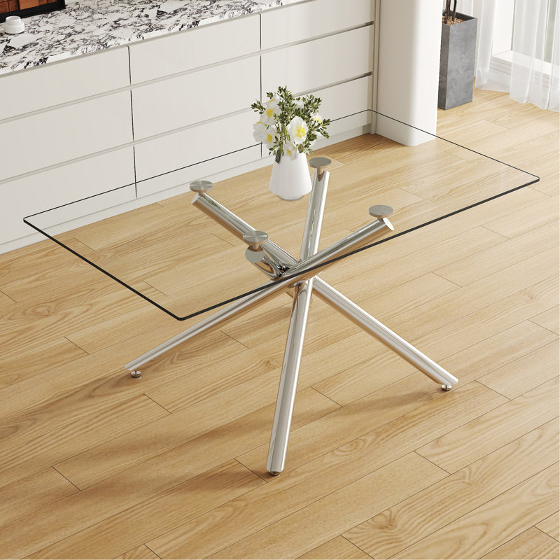 Large Modern Minimalist Rectangular Glass Dining Table with 0.39" Tempered Glass Tabletop and Silver Chrome Metal Legs, for Kitchen Dining Living Meeting Room Banquet hall,63''x35''x 29''W1151S00191