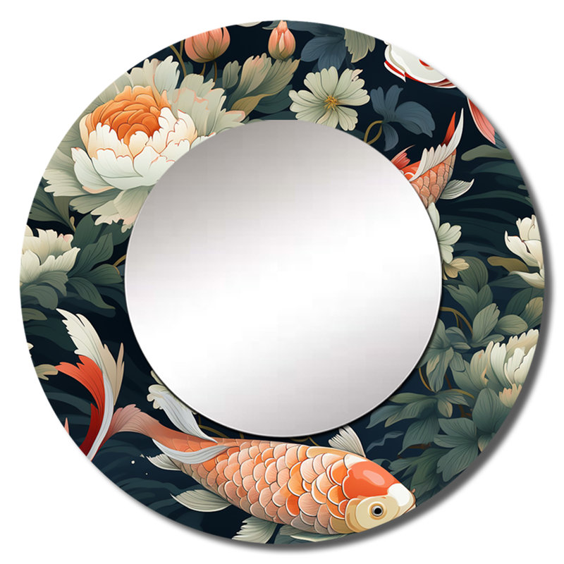 Koi Fish Harmony Watercolor Wonders - Japanese  Large Wall Mirror, Oriental Round Decorative Mirror, Printed Metal Art