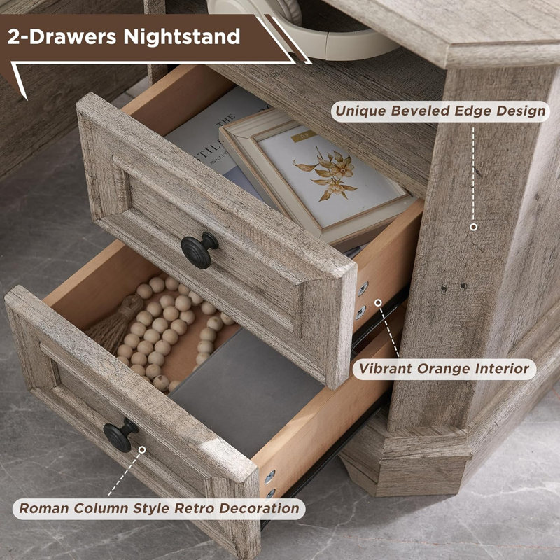 Light Rustic Oak 18" Farmhouse Nightstand with Charging Station and 2 Drawers