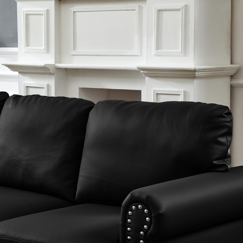 Canapé en cuir de style classique américain de 83 po, accoudoir rond avec clous argentés, structure et pieds en bois massif, coussin de siège à ressorts, housse amovible noire, espace de rangement moderne de 3 po, rembourré