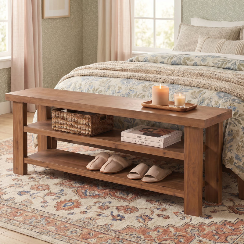 Banc de rangement pour chaussures 63 po en bois massif, banc d'entrée de ferme avec tablettes de rangement ouvertes à 2 niveaux pour la chambre à coucher, le couloir, le vestibule