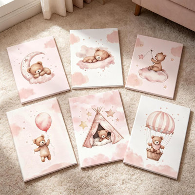 Bear Nursery Wall Art Set Of 6,Teddy Bear Wall Art Baby Girl Canvas Wall Decor Pink Pictures Balloon Nursery Children Prints Artwork Moon Star Cloud Art For Girls Room Bedroom 8X10in