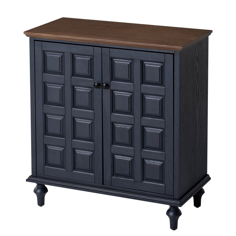 Arianna Retro 2 Door Storage Cabinet With Plaid Pattern Front, Brown/Navy
