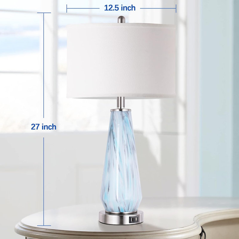 Modern Table Lamp Set Of 2 Touch Control, 27" Tall Faded Swirl Blue Gray Art Glass Bedside Lamp With USB Ports, 3-Way Dimmable Hand Crafted Nightstand Lamps White Drum Shade For Living Room, Bedroom
