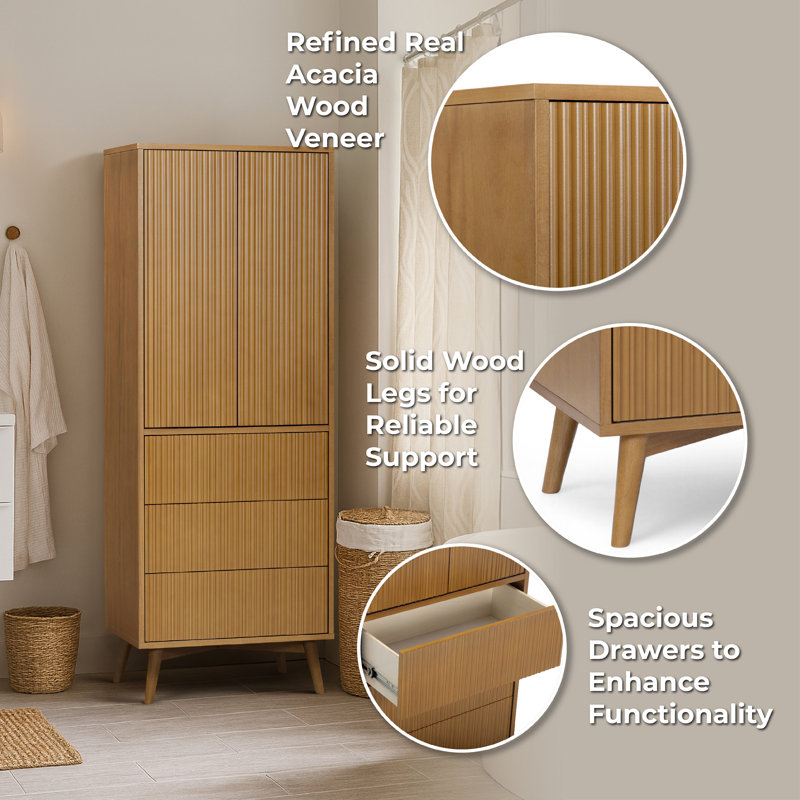 Tremolo Modern Linen Cabinet 2 Doors & 3 Drawers With Fluted Wood Fronts Accent for Bathroom Storage Organization, Natural