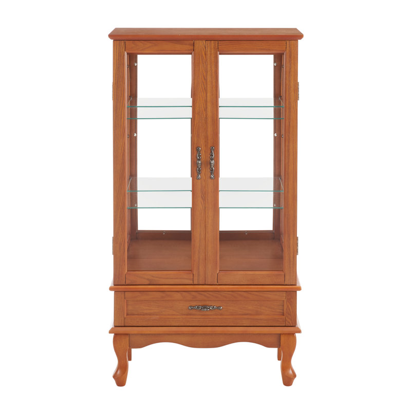 Armoire vitrée éclairée vitrine vitrée avec tablettes réglables en verre 2 portes et 1 tiroir avec ampoule incluse, Oak