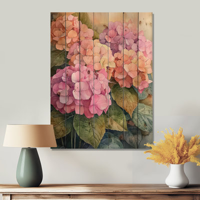 Hydrangeas In The Sunset Glow III - Hydrangea Wood Wall Art - On Natural Pine Wood