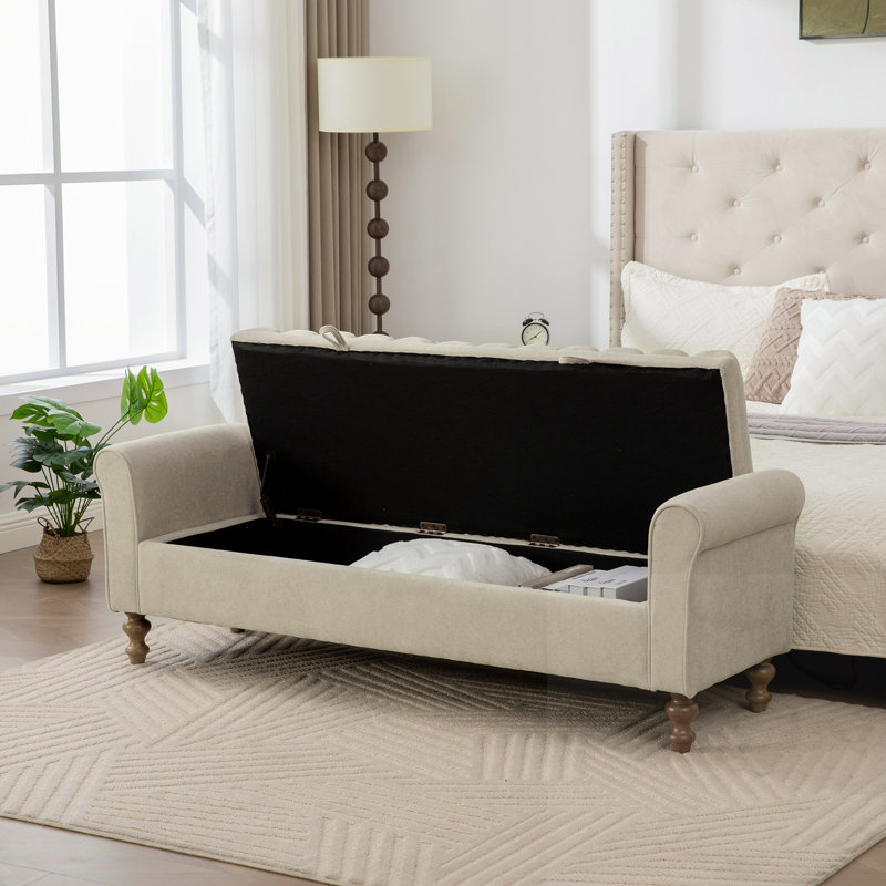 Upholstered Storage Bench With Rolled Armrest, Griege