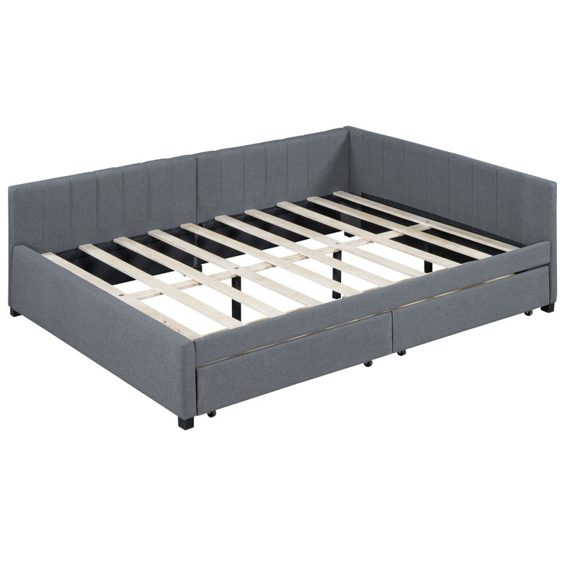 Full Daybed With 2 Drawer Storage, Gray Linen Fabric. Bed Frame Without Box Spring For A Modern Bedroom Decor In Gray. Relaxed Atmosphere