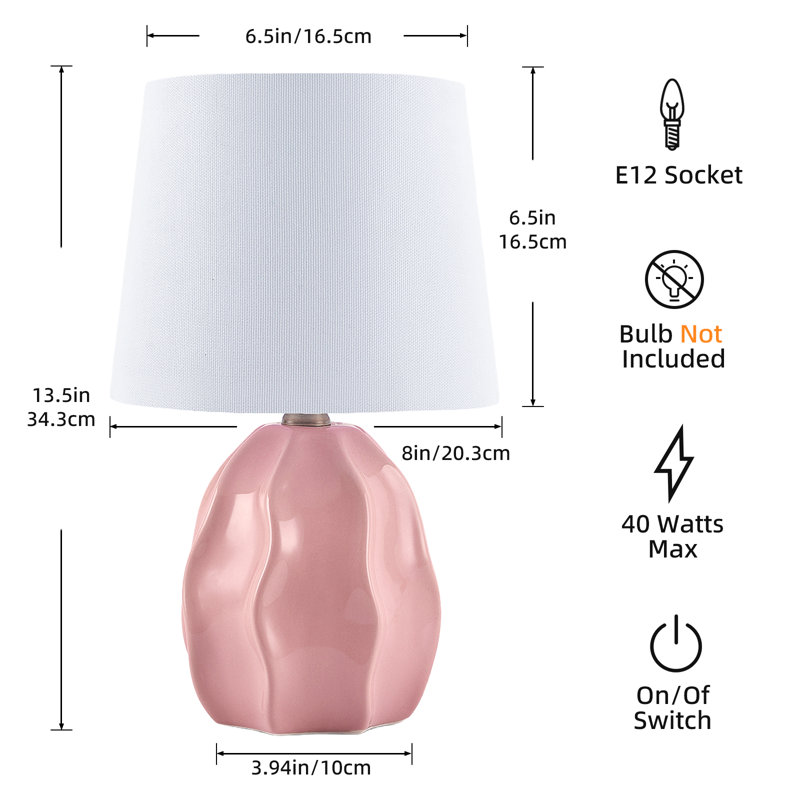 13.5" Ceramic Small Kitchen Counter Lamp Set, Decorative Kids Bedside Lamp, Pink
