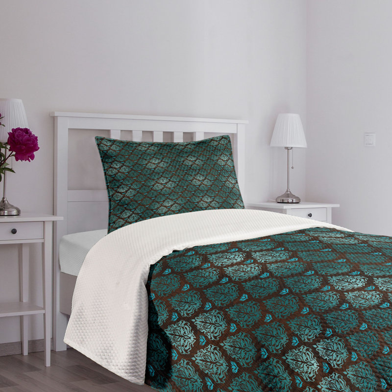 Teal and Brown Quilted Twin Bedspread Set with Pillow Sham