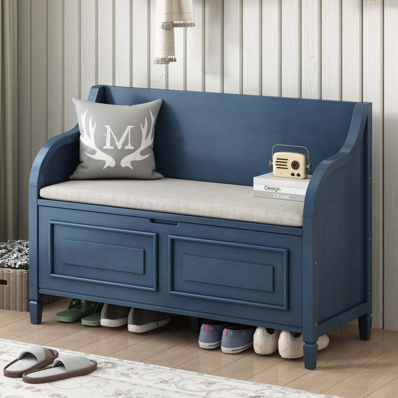 Banc de rangement multifonctionnel en bois massif rustique avec charnière de sécurité pour le salon du hall d'entrée