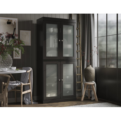 100% Solid Wood 32" Pantry Cabinet with Frosted Glass Doors, 2-Drawers and Adjustable Shelves