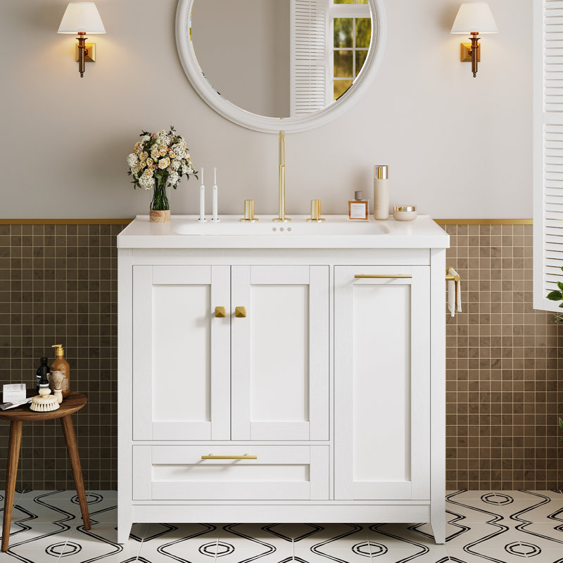 36" Bathroom Vanity with Ceramic Sink, Freestanding Storage Cabinet with Drawer and Tilt-Out Laundry Basket, Bathroom Storage Cabinet