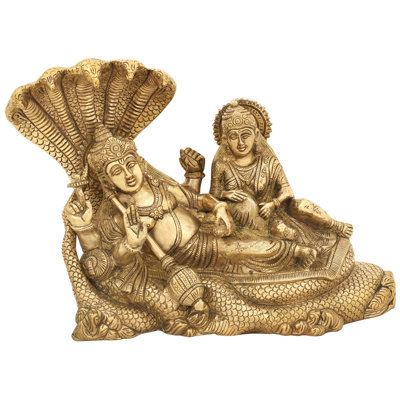 Statue Sheshasayi Vishnu faite à la main de 14 po avec statue en laiton Lakshmi - forme inclinable sur un serpent, ensemble divin indien, décoration de collection complexe pour le temple et la maison